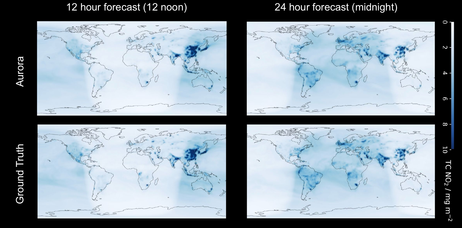 Aurora and ground truth total-column nitrogen dioxide at 12 and 24 hours, with original units