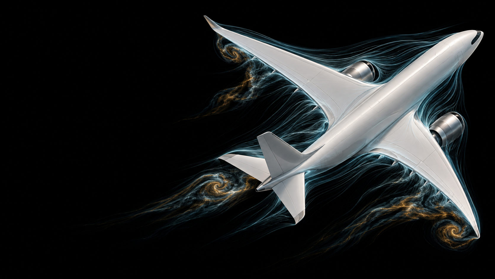 Conceptual aircraft surrounded by airflow filaments