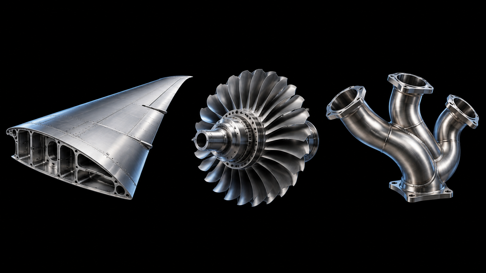 A wing, turbine and pipe manifold illustrate the diversity of engineering geometries