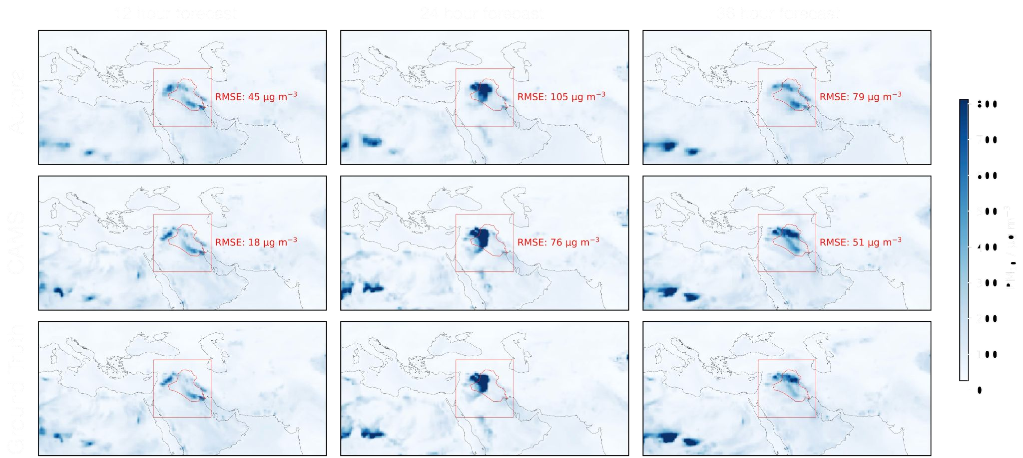 Aurora, CAMS and ground truth for the Iraq sandstorm at 12, 24 and 36 hours